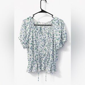 Women's White Floral Peasant Blouse with Blue & Green Print Size Large